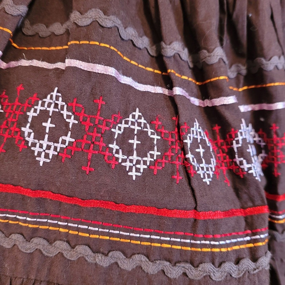 Boho Folk‎ Midi Skirt Brown Cross Stitch Embroidered Ribbon Trim Size M - Picture 3 of 8
